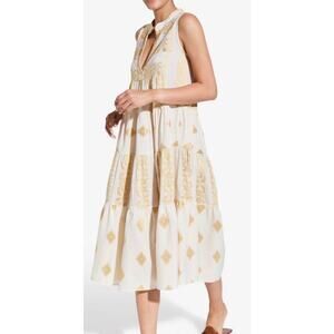 Kasia Agatha Midi Dress Womens S Beige Gold Embroidered Tiered Grecian Resort